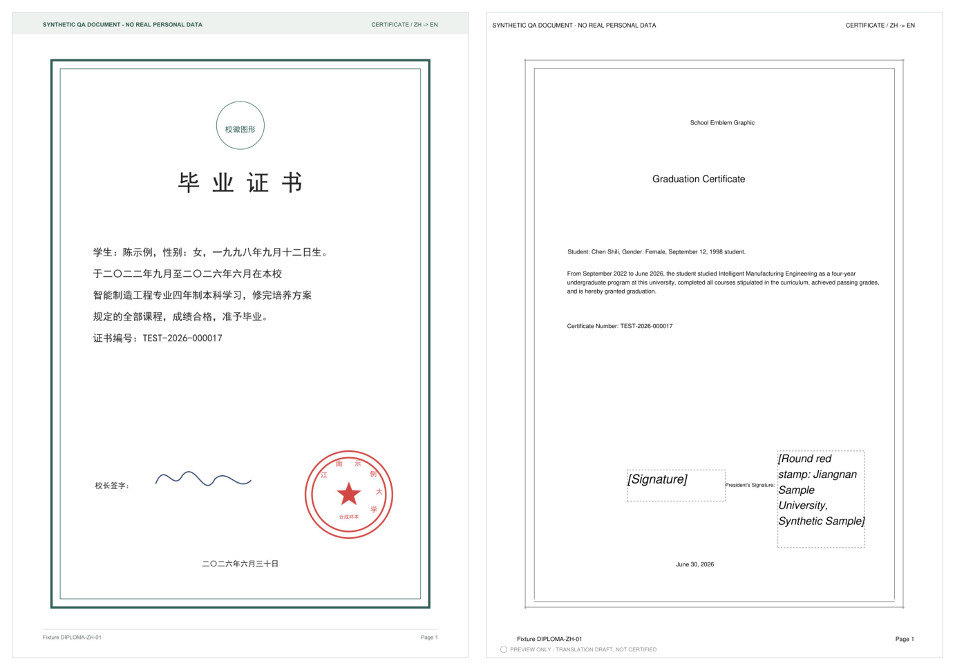 A Chinese graduation certificate beside its English translation